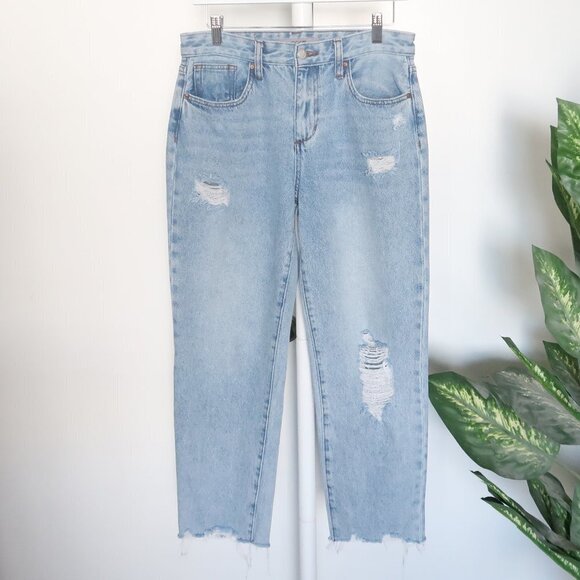 𝅺JOE'S Blue Mid / Light Wash High Waist Straight Leg Raw Hem Distressed Jeans 28 - Picture 1 of 10